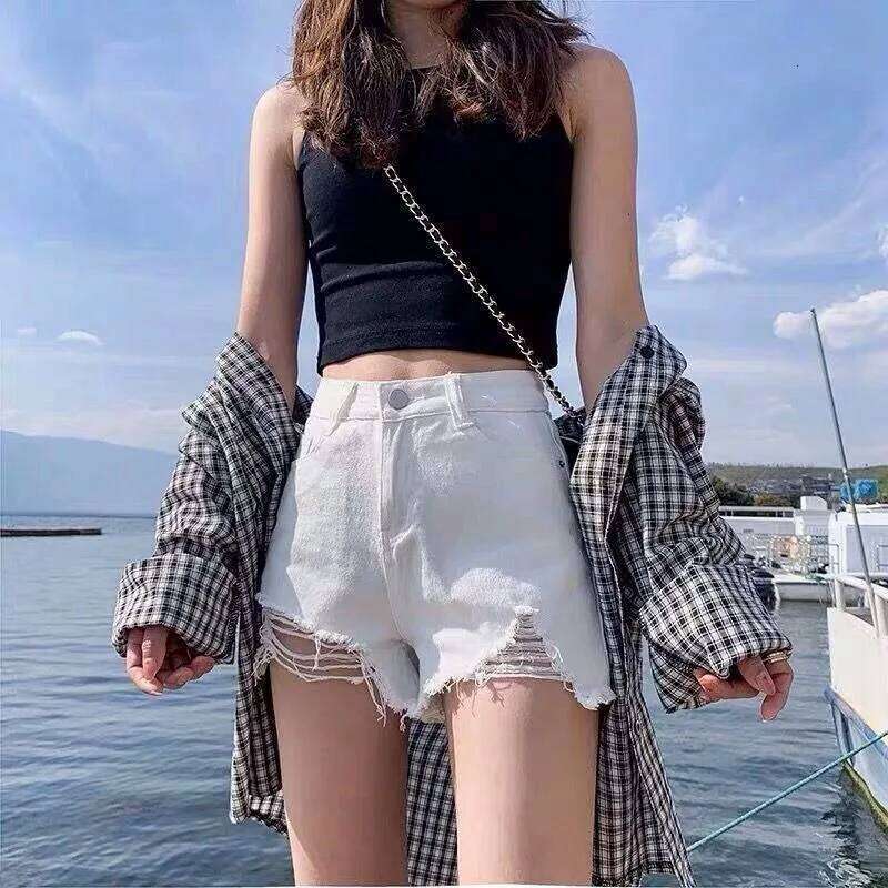 Ins new perforated denim shorts women in summer Korean version high waist slim and versatile for wearing outside internet fa XJ260305