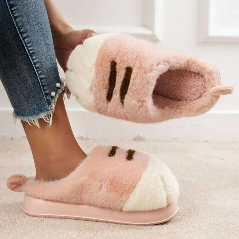 Women Indoor Fluffy Slippers Cute Cartoon Paw Winter Warm Shoes Female Thick Sole Light Weight Soft Faux Fur Home Floor Slipper