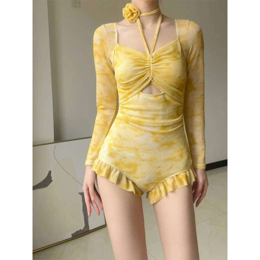 sexy 3D flower Korean fashion conservative swimsuit one piece long sleeve ruffles bikinis hatler bodysuits cute beach outfits Y260303