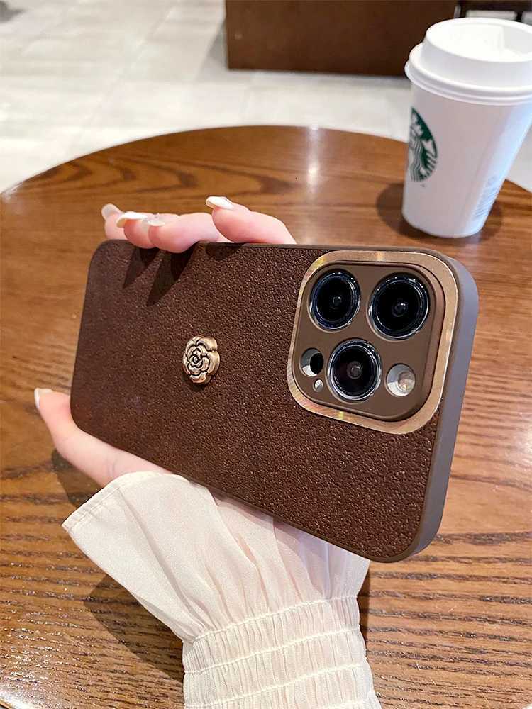 Luxury Suede Leather Metal Camellia Phone Case For iPhone 16 15 14 13 12 11 Pro Max X XS XR 16 Plus | Premium Fashion CoverT260305
