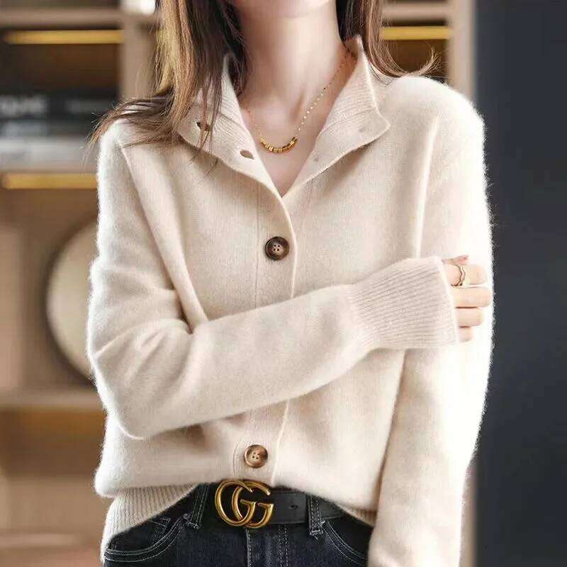 Autumn Winter New Stand collar Knitted Cardigan Solid Loose Short Jacket Women's Korean version Long sleeved Sweater Casual top XJ260305