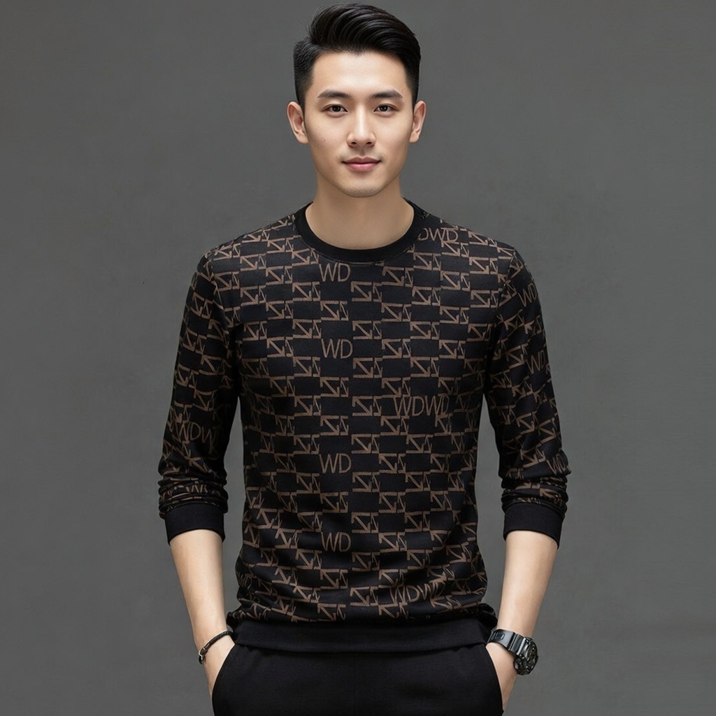 2026 Spring New Designer Luxury Brand Men's Printed Long Sleeve T-shirt Middle Aged Fashion Casual Round Neck Sportswear Basic Shirt Wholesale