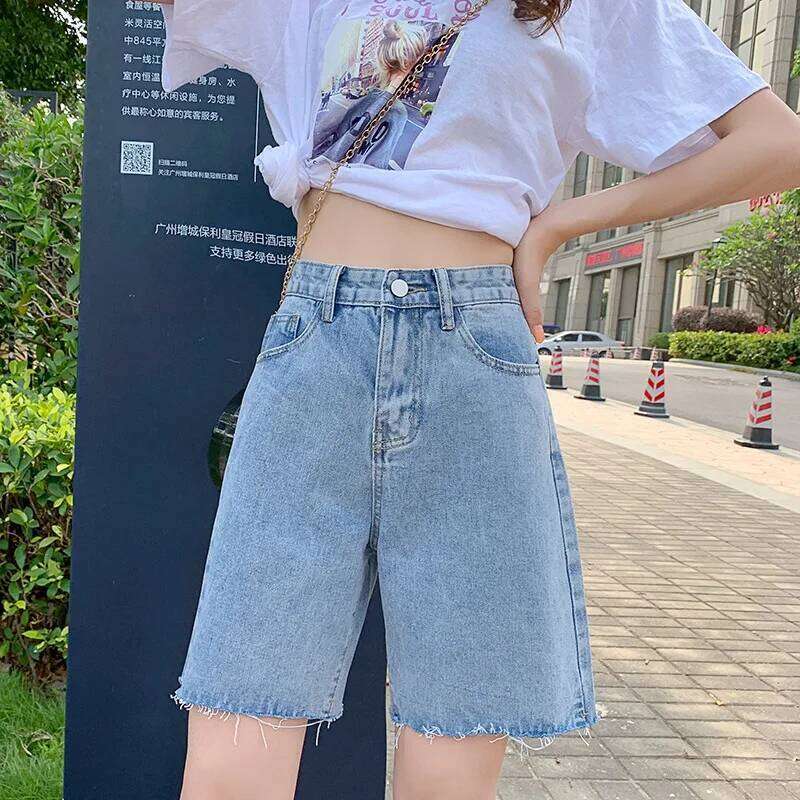 Mid-length Style Jeans,Women's New Summer Thin Casual Loose Wide-leg Pants.Stylish Rough Selvedge High Waist Ripped Short Jeans XJ260305
