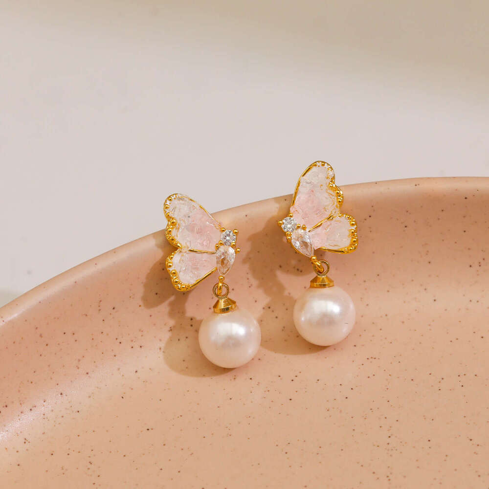 Sweet Fresh Forest-style Symmetrical Gradient Crystal Butterfly Earrings Pearl Earrings