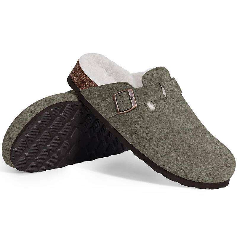 Kidmi New Women's Mules With Adjustable Buckle Soft Plush Lining Warm Clogs Slippers Non-slip Cork Insole Cozy Sandals For Women