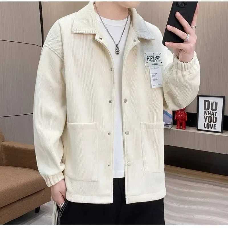 Spring and Autumn Mens 2024 Spliced Turn-down Collar Button Pocket Fashion Solid Loose Versatile Casual Long Sleeve Jackets M260305