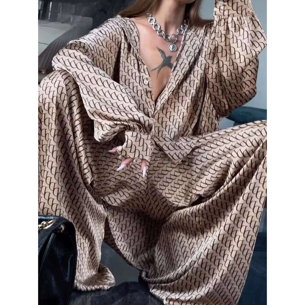 Oymimi Fashion Black Print Womens Piece Outfit Set Elegant Lapel Long Sleeve Shirts And High Waisted Lopse Straight Pants Sets MAKOUFEI