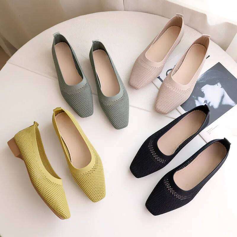 Breathable Mesh Fashion Flats For Women Spring Summer Flat Square Toe Slip-on Loafers Soft Sole Girls Daily Walking Shoes