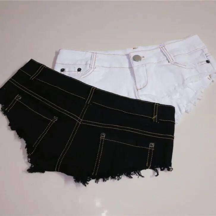 2026 Women's Summer New Pole Dance Low Waist Ultra Short Tight Denim Shorts Black And White XJ260305