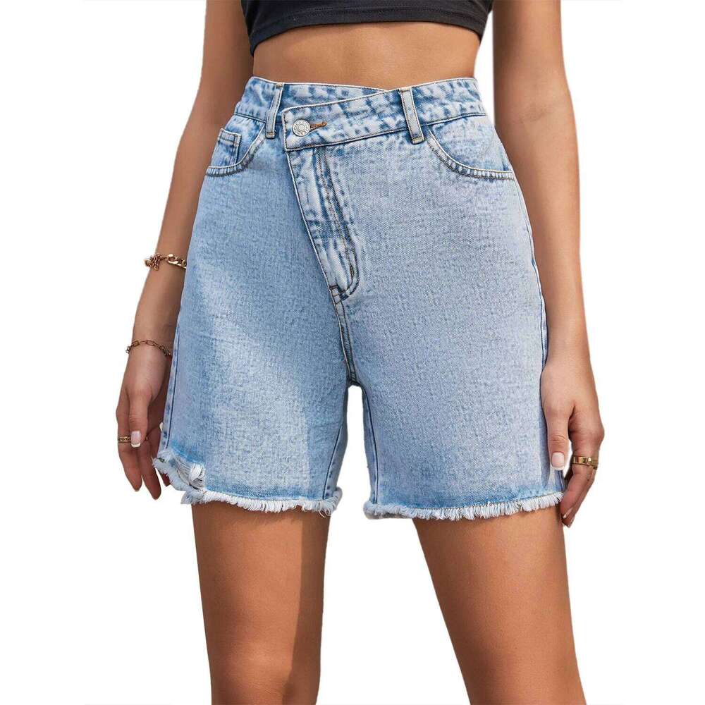 Spring Summer New Irregular-waisted Straight-leg Denim Shorts,European and American Women's Casual Loose High-waisted Shorts XJ260305