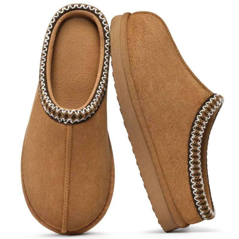 Kidmi Winter Women Fuzzy Ladies House Slippers Genuine Suede Indoor Outdoor Fluffy Slip On Warm Memory Foam Furry Shoes