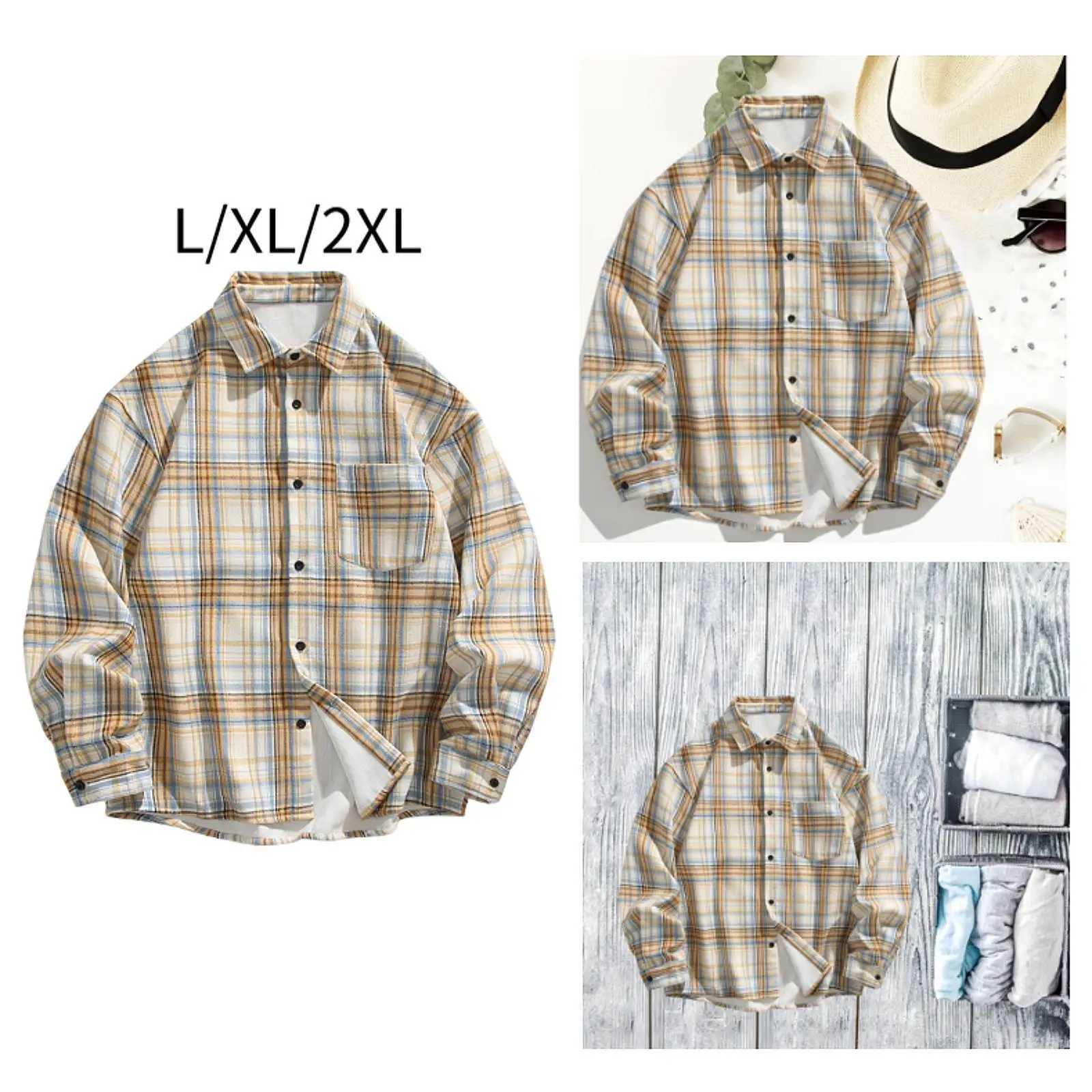 Plaid Shirt Short Plush Lining Lapel Coat Long Sleeve Button Down Mens Shirt for Work Dating Autumn Outdoor Activities Winter M260305