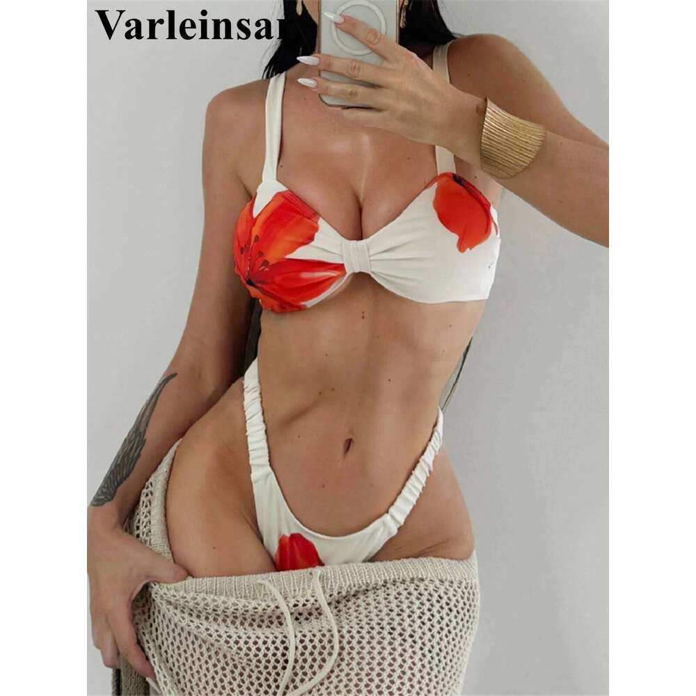 Flowers Floral High Cut Leg Female Swimsuit Women Swimwear Two-pieces Bikini set Brazilian Bather Bathing Suit Swim V7716 Y260303
