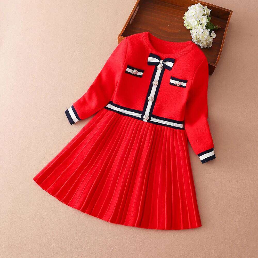 Girls Sweater Long Sleeves 2024 New Knit Clothes Round Neck Princess Dress Preppy Style Kids Bow Knitwear Z260304