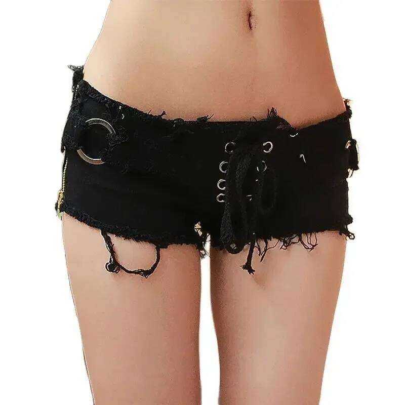 Women Side Zipper Splice Denim Shorts Lace-up Open Crotch Ultra-short Trousers Casual Three Quarter Pants Female Sexy Streetwear XJ260305