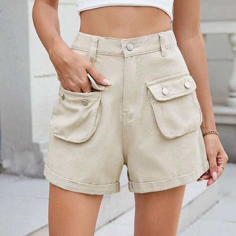 Flap Pocket Cargo Denim Women's Summer High Elastic Waist Matching Casual Rolled Hem Straight Shorts Jeans XJ260305