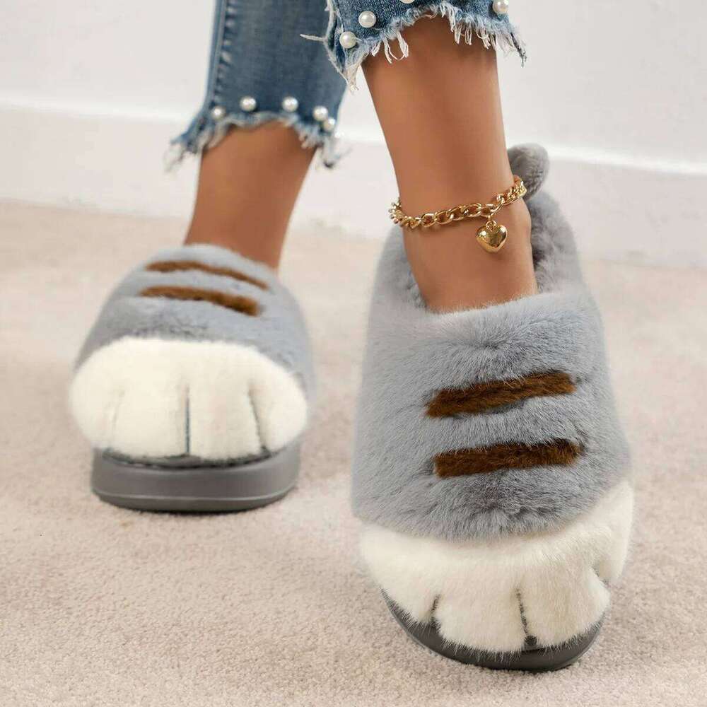 Women Indoor Fluffy Slippers Cute Cartoon Paw Winter Warm Shoes Female Thick Sole Light Weight Soft Faux Fur Home Floor Slipper
