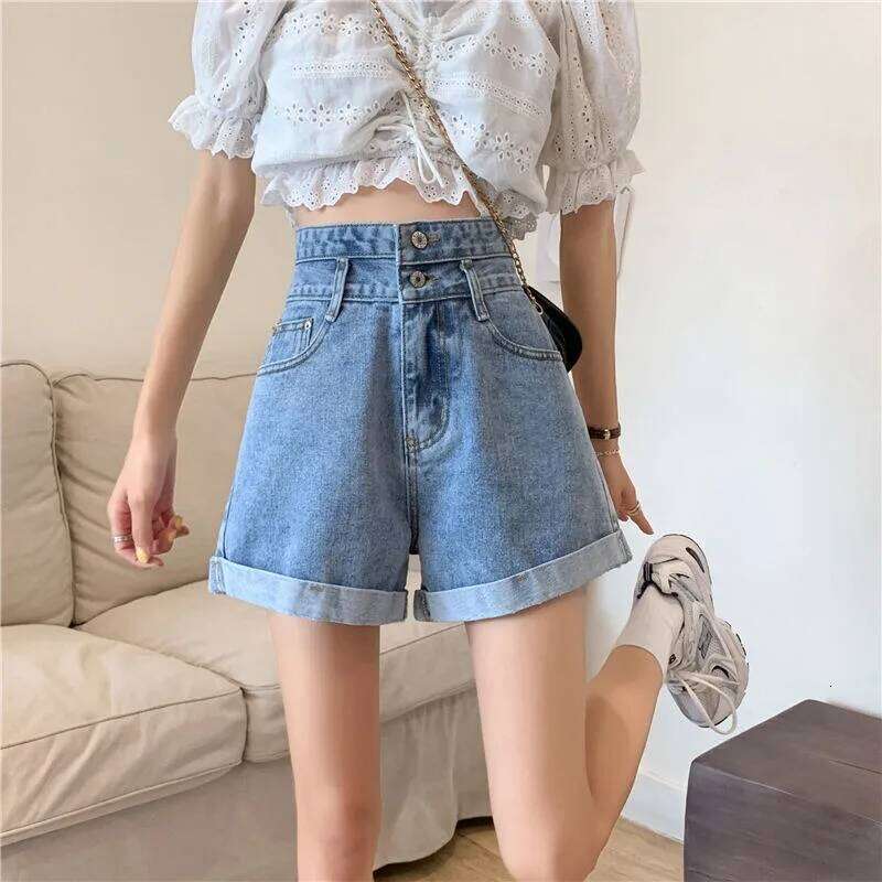 Women's summer thin denim shorts with loose fit high waist slimming effect wide legs and rolled edge hot pants for outerwear XJ260305