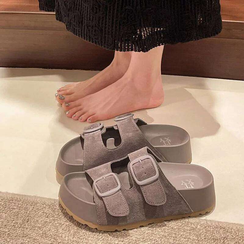 Kidmi Fashion Retro Trend Beach Round-headed Shoes Summer New Casual With Buckle Women Slippers