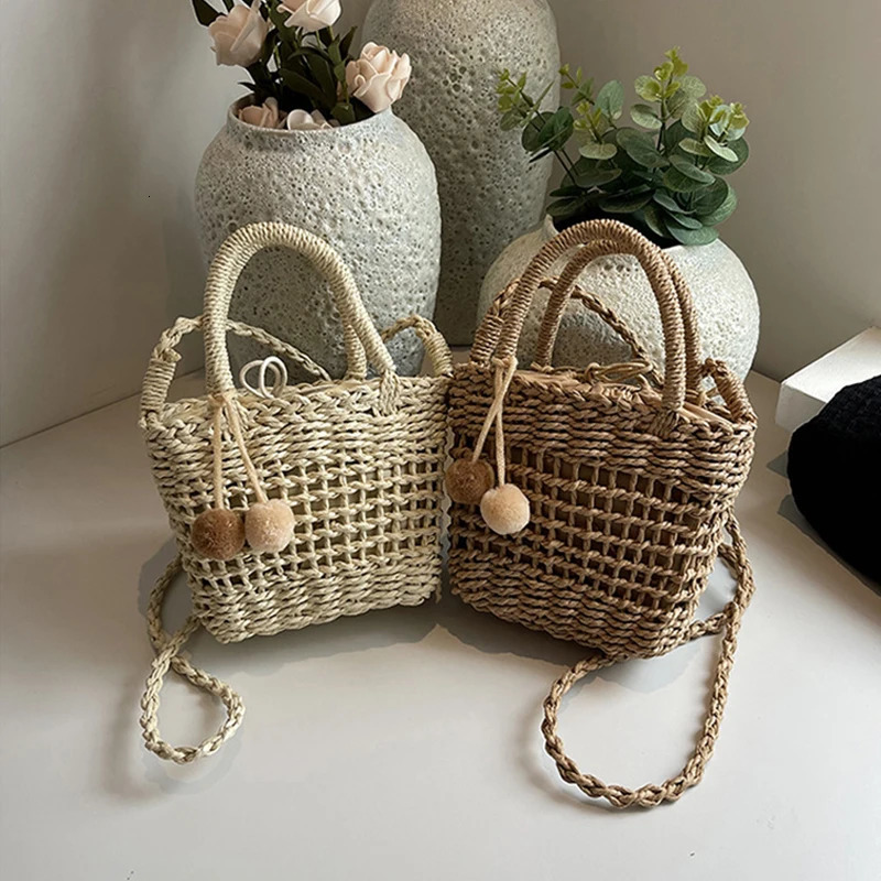 Grass Woven Rattan Storage Basket Crossbody Bag Handmade Straw Woven Basket Small Handbags Beach Shoulder Bag 260303