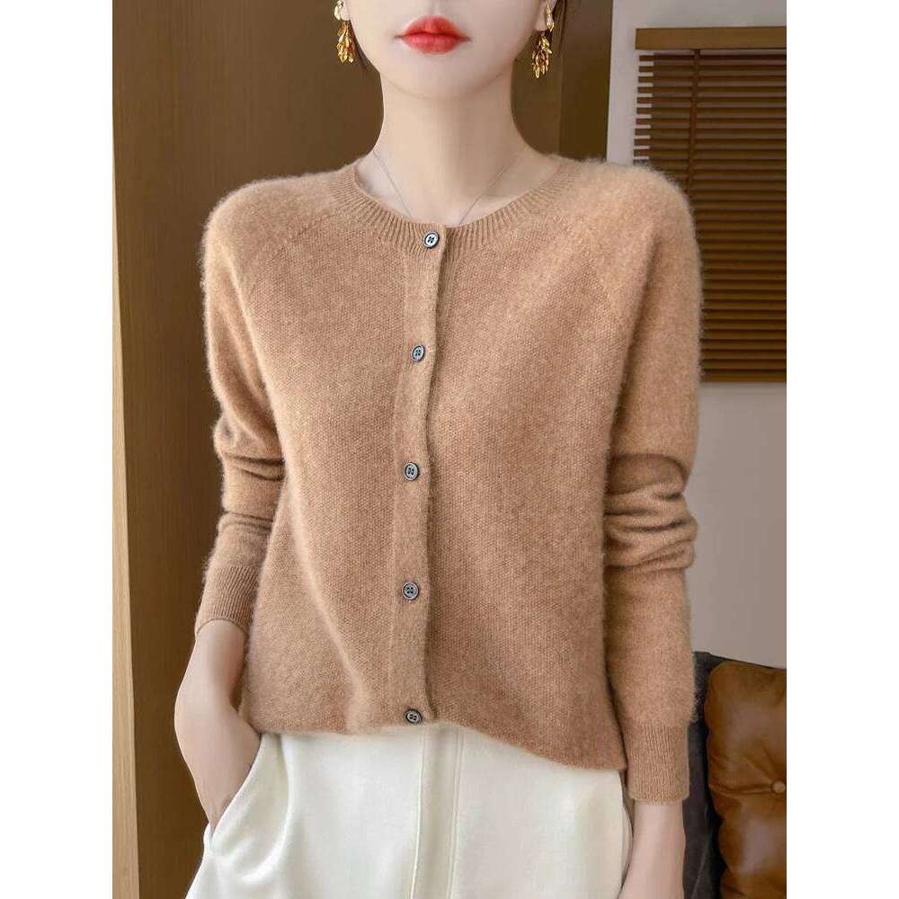 Basic Women 100% Merino Wool Cardigan Autumn Winter Sweater Knit Soft Comfort O-Neck Korean Single Breasted Tops XJ260305