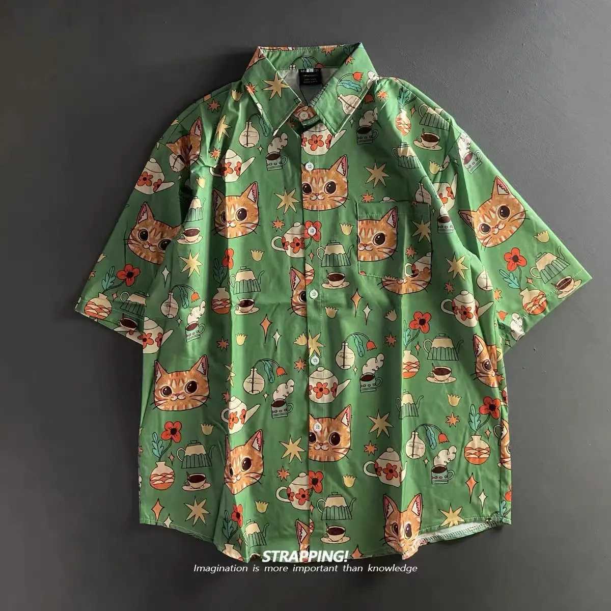 Boho Graffiti Cartoon Cat Full Print Ins Retro Short-sleeved Flower Lining Men and Women Hawaii Japanese Thai Beach Shirts 2024 M260305