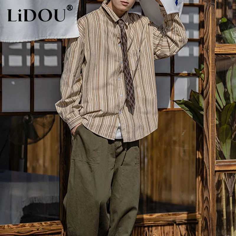 Spring Autumn Fashion Temperament Japanese Vintage Blouse Man Simple Stripes Loose Long Sleeve Top Casual All Match Male Shirt M260305