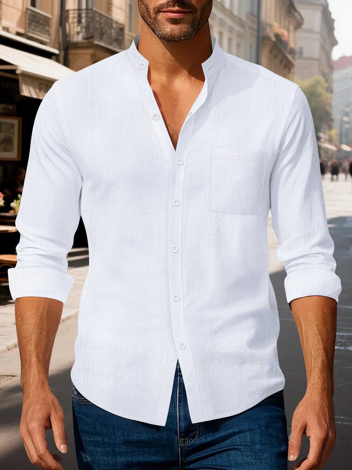 Autumn mens clothing 2025 new item mens solid color cotton and linen shirt stand up collar cardigan long sleeved casual busine M260305