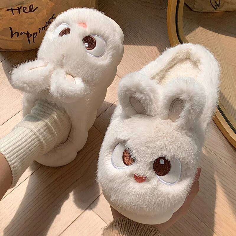 Cute Cartoon Rabbit Cotton Slippers For Women Winter House Shoes Warm Plush Thick Sole Anti-slip Female Home Floor Fluffy Slides