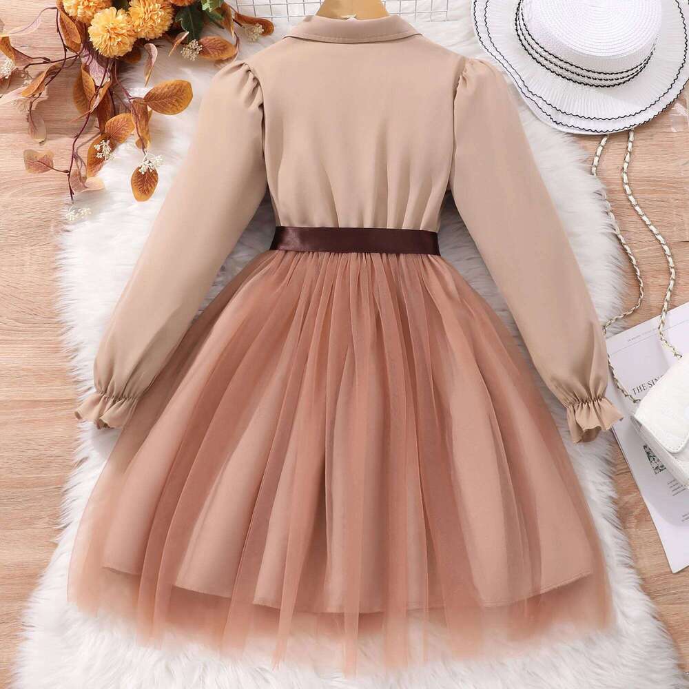 Girls' long sleeved lapel solid color mesh dress with woven waistband Z260304