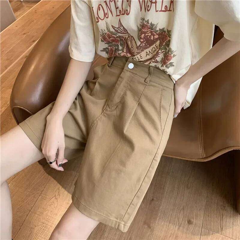Summer High Waist Wide Leg Bermuda Shorts for Women Loose Straight Casual Pants with Belt Korean Style Button Detail XJ260305