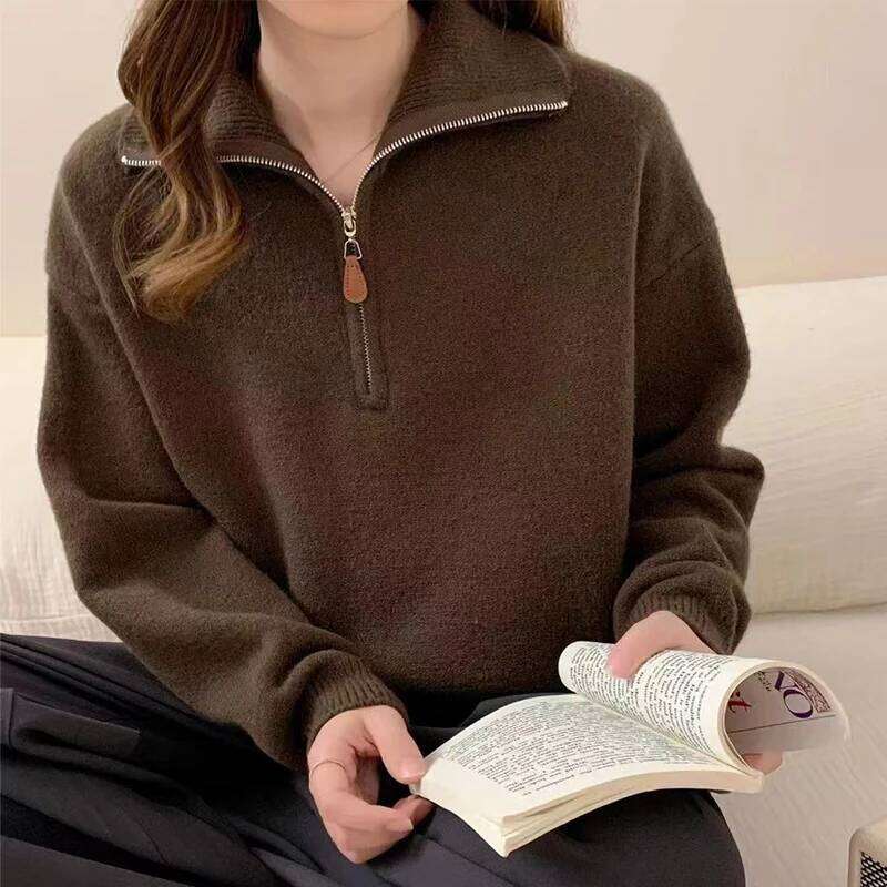 Korean Half Zip-Up Sweater Women Retro Loose Sporty Knitted Pullover ladies Autumn Winter thicken warm Long Sleeve knit Jumpers XJ260305