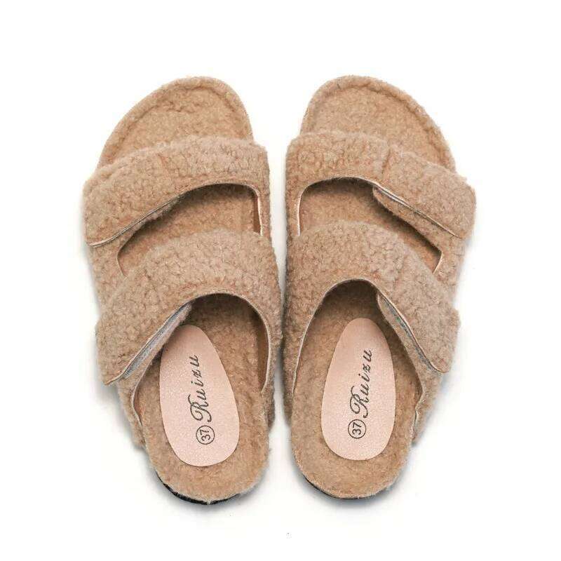 KIDMI Plush Lining Women's Velcro Non-slip Indoor Flat Slides Furry Warm Cozy Slippers With Arch Support