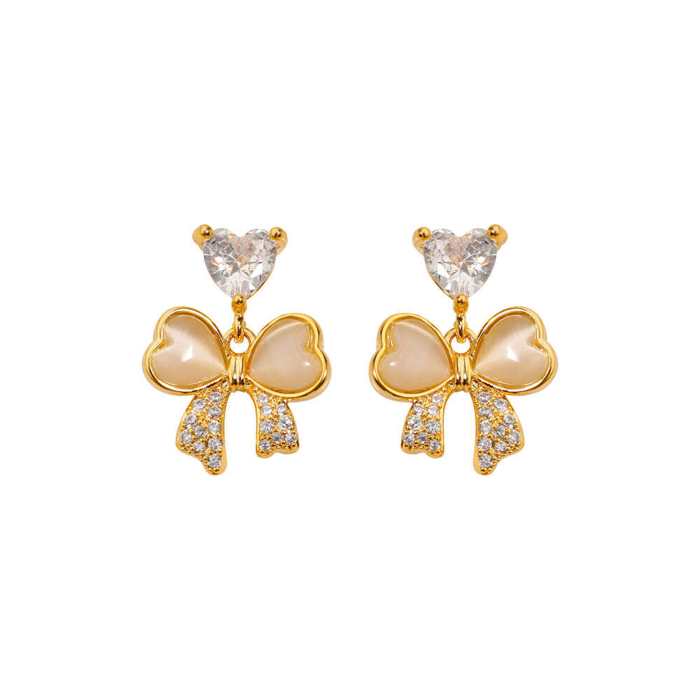 Exquisite And Luxurious Ultra-shiny Heart-shaped Zircon Cat's Eye Stone Bowknot Earrings For Women