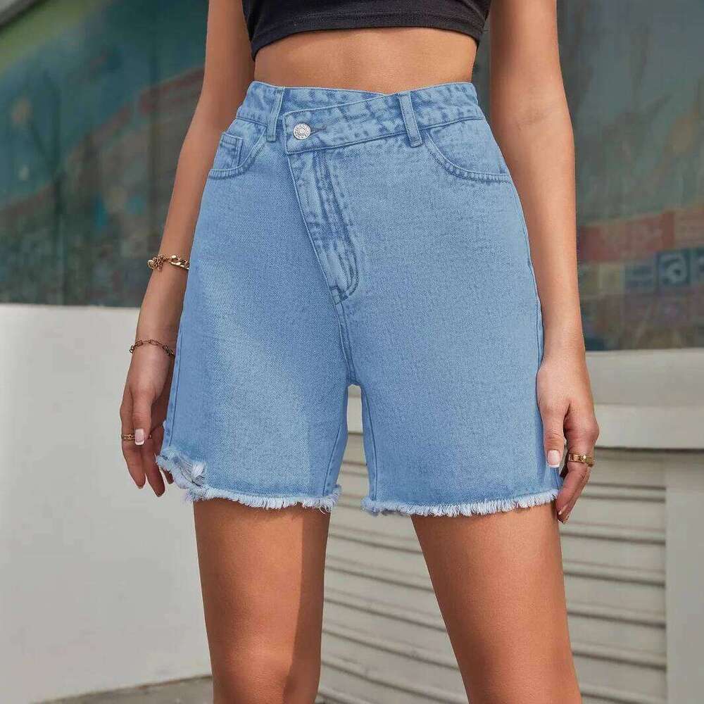 Spring Summer New Irregular-waisted Straight-leg Denim Shorts,European and American Women's Casual Loose High-waisted Shorts XJ260305