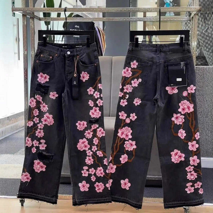 Mardi Hefxessdr Hip Hop Gothic plum Blossom Embroidery Baggy Jeans Retro Y2k Men Clothing Street Wide Leg Black Denim Trousers Chinese style jeans wom