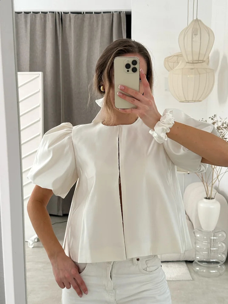 Fashion Solid Short Puff Sleeve Cropped Top Women Elegant Glossy Satin Round Neck Loose Shirt 2026 Street Blouses 260228