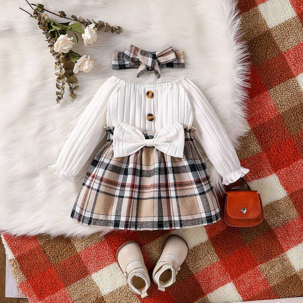 Baby Girls Summer Long Sleeve With Button Plaid For Preppy Style Party Dress Z260304