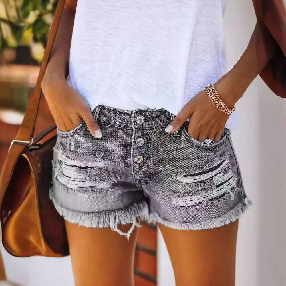 2024 Summer New Denim Shorts Women Fashion Trendy Hole Tassel Solid Color Single-breasted Short Female Hot Pants Streetwear XJ260305
