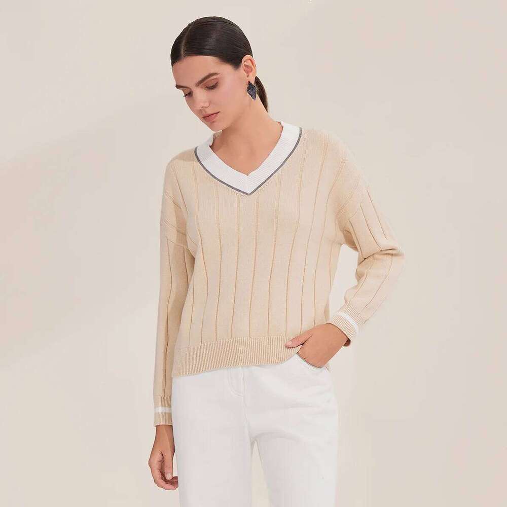 BY4521246 Women's Luxurious V-Neck Long Sleeve Sweater 100% Cotton Casual Knitted Pullover Fall Winter 2025 XJ260305