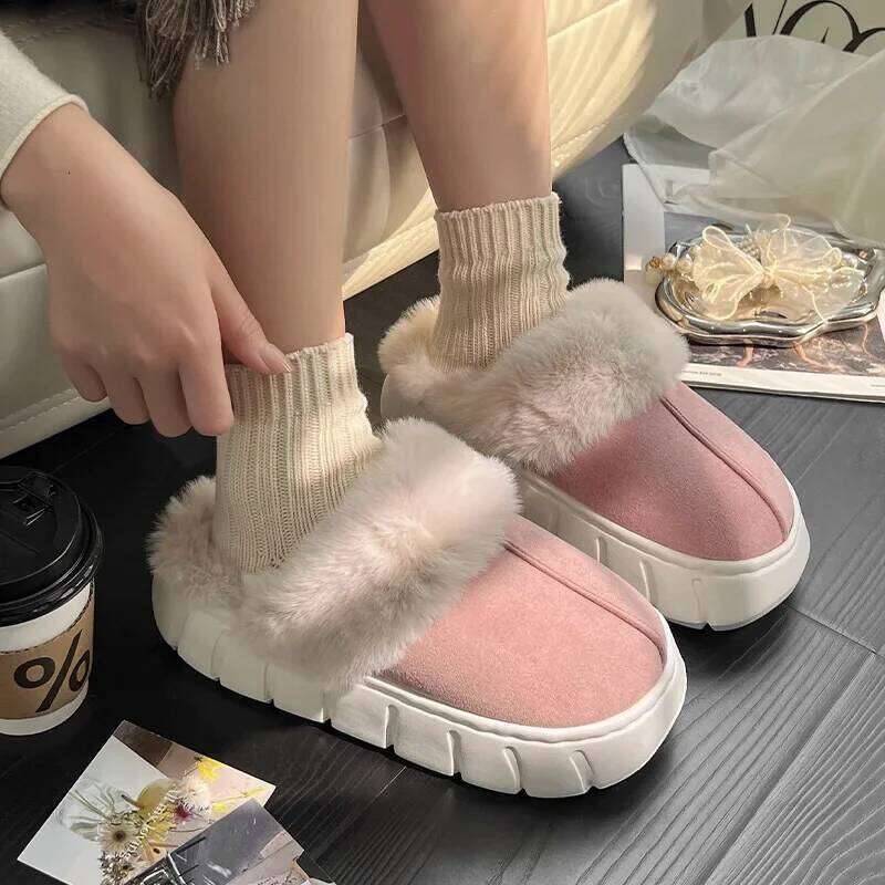 Women Indoor Fluffy Slippers Winter Warm Shoes Soft Faux Fur Thick Sole Light Weight Anti-slip Couples Home Floor Slipper
