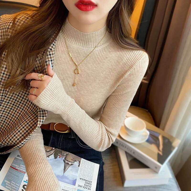 Mock Neck Pullover Knit Tops Knitwear Women Knitted Bottoming Shirts Autumn Winter Female Elastic Casual Skinny Slim Sweaters XJ260305