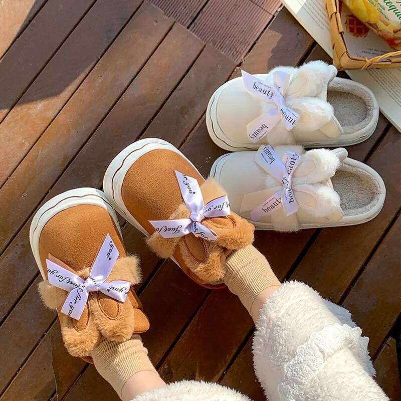 Faux Suede Women's Winter Home Rabbit Bow Cotton Slippers for Warmth, New Thick Soled Princess Style