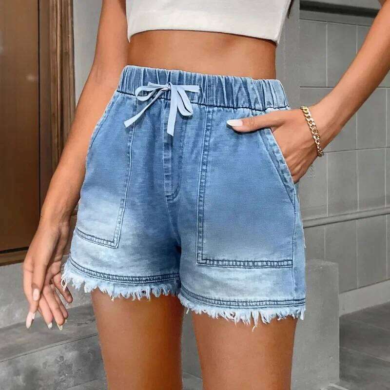 Women Denim Shorts Drawstring Elastic Hight Waist Pants Casual Baggy JEANS withPocket Tassel Hem Summer Blue Trendy Streetwear XJ260305