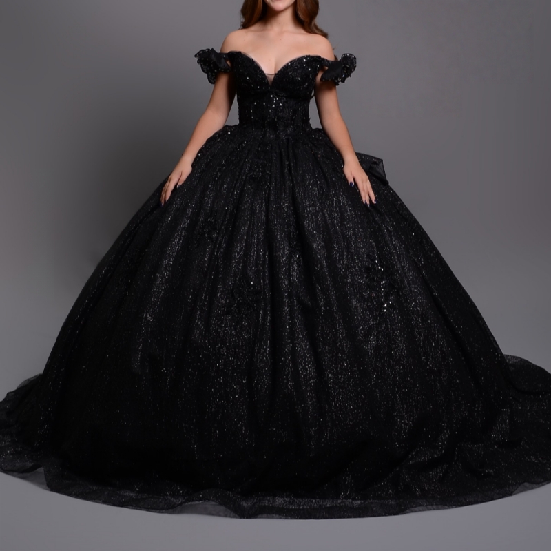 Black Shiny Quinceanera Dresses Ball Gown Off The Shoulder Sequin Beading Crystal Bow Corset Party Birthday Sweet 16 Dress Vestidos 15 De Anos