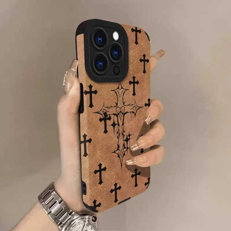 Black Cross Lambskin Leather Case For iPhone 17 Pro Max Air 16 16e 15 14 13 12 11 Pro Max Plus X XS MAX XR | Shockproof Protective CoverT260305