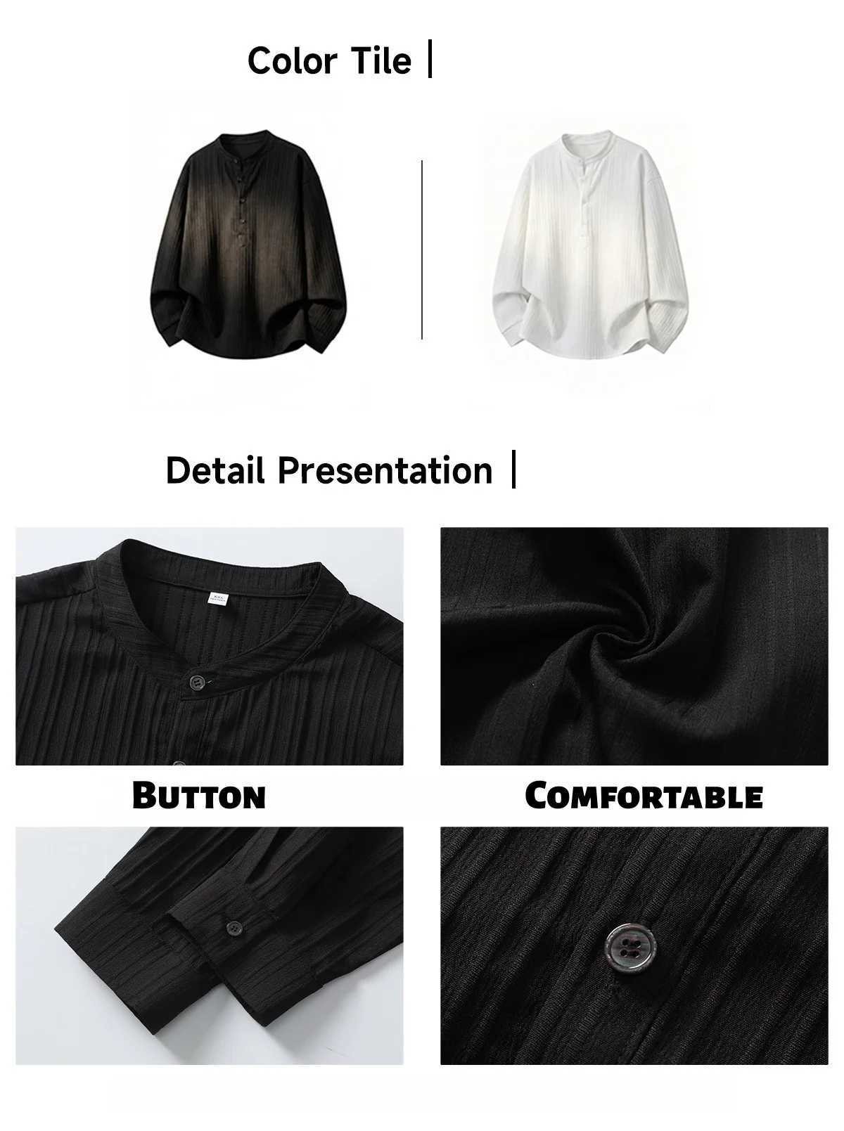 Textured Vertical Stripe Long-Sleeved Shirt Mens Casual Breathable Button-Down Stand Collar Shirt Jacket Soft M260305