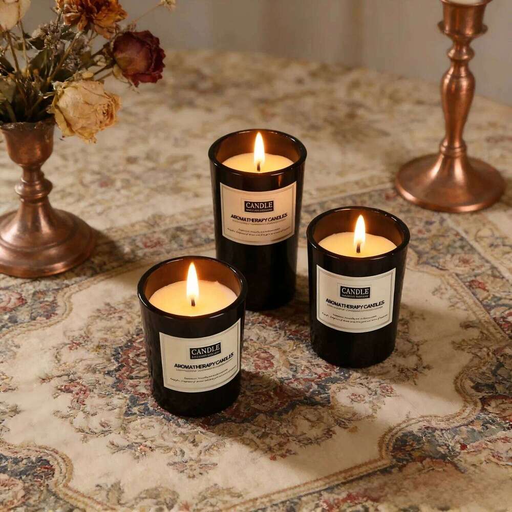 1pc Trendy Smokeless Scented - Matte Black Glass Cup, Cozy Home Office Decor Essential Aromatic Candle W260304 W260305