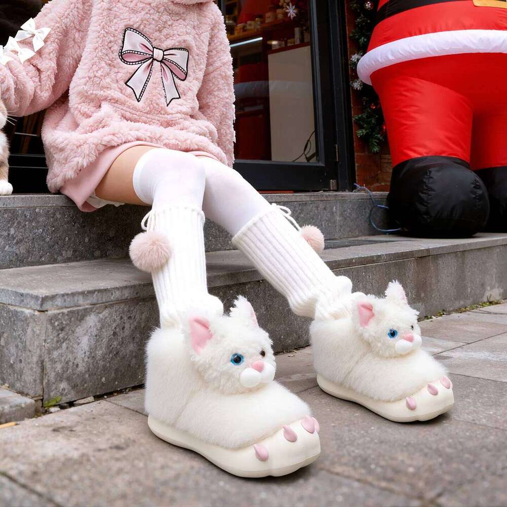 Cute Cat Paw House Shoes For Women Indoor Fluffy Slippers Thick Sole Soft Plush Anti-slip Girls Furry Cartoon Warm Snow Boots