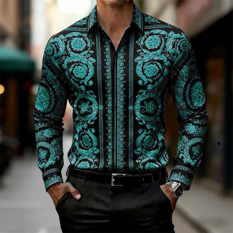 Mens Shirt Baroque Style Gold Pattern Long Sleeve Shirt Fashion Slim HD Print Shirt Hot Sale XS-6XL M260305